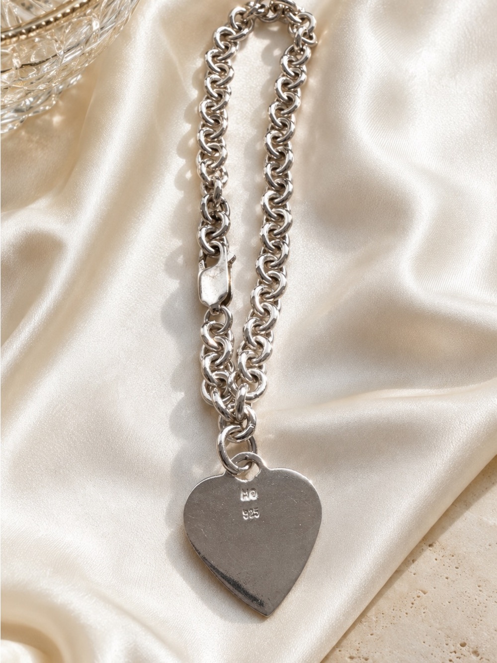 Sterling Silver 925 Heart Charm Rolo Chain Bracelet Chunky Vintage Jewelry Y2K